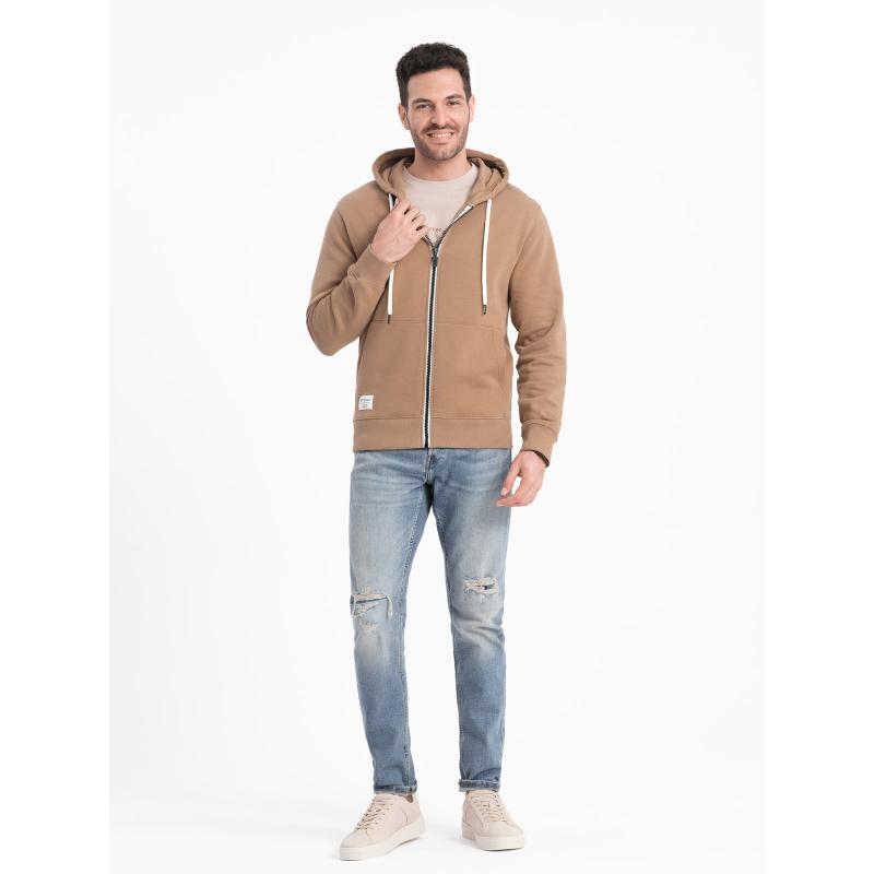 Férfi BASIC kapucnis pulóver kapucni nélkül, gombos záródással barna