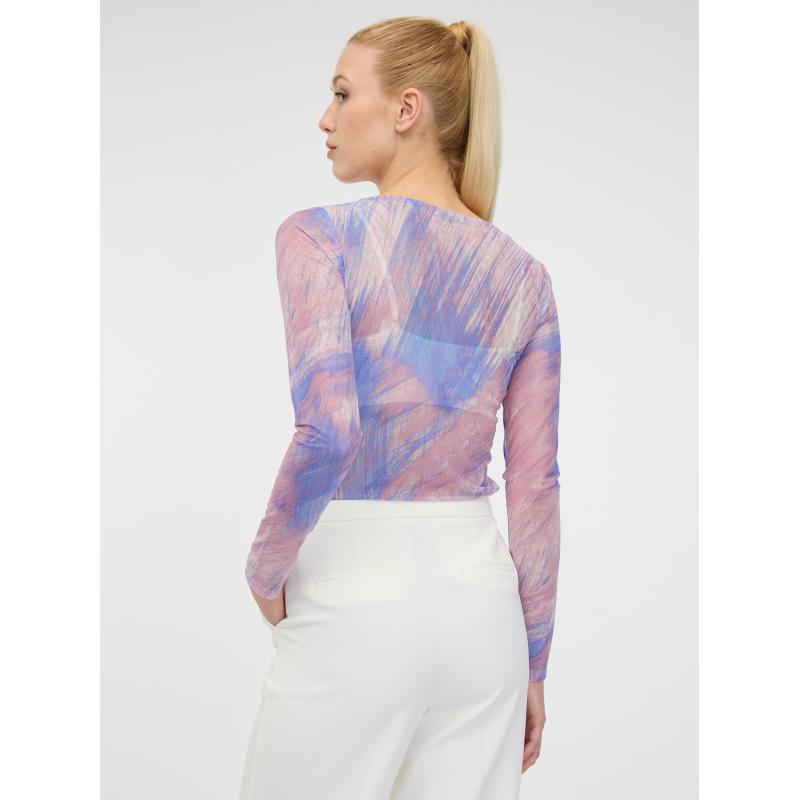 Světle růžové dámské vzorované tričko s dlouhým rukávem