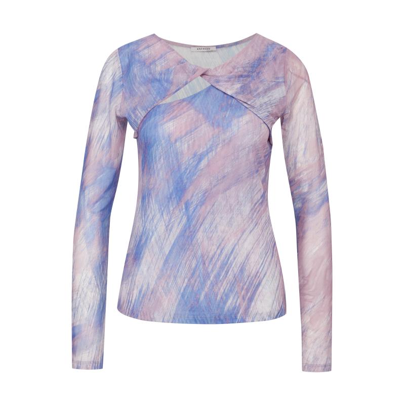 Světle růžové dámské vzorované tričko s dlouhým rukávem