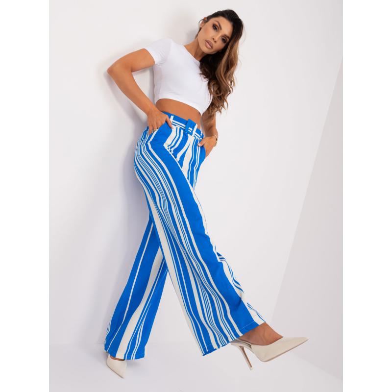 Női nadrág övvel sötétkék és ekrü színű szövetnadrág