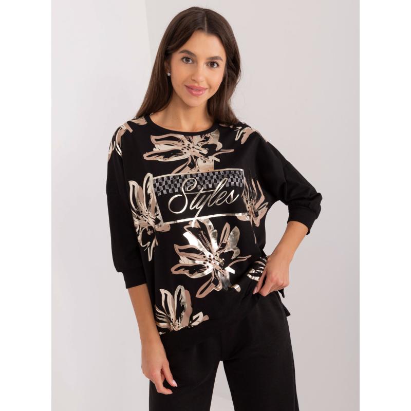 Női blúz nyomtatással és applikációval fekete