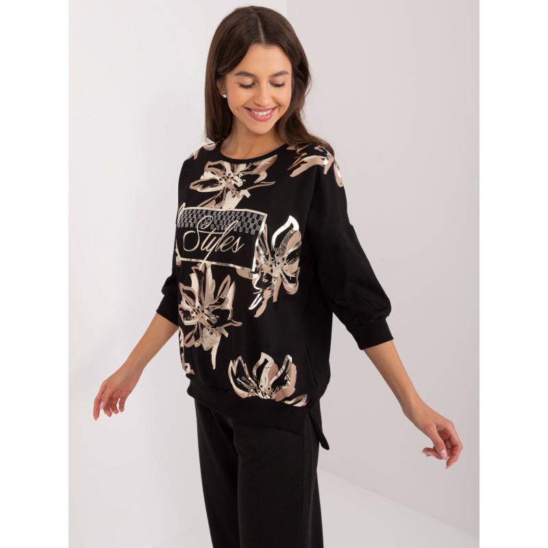 Női blúz nyomtatással és applikációval fekete