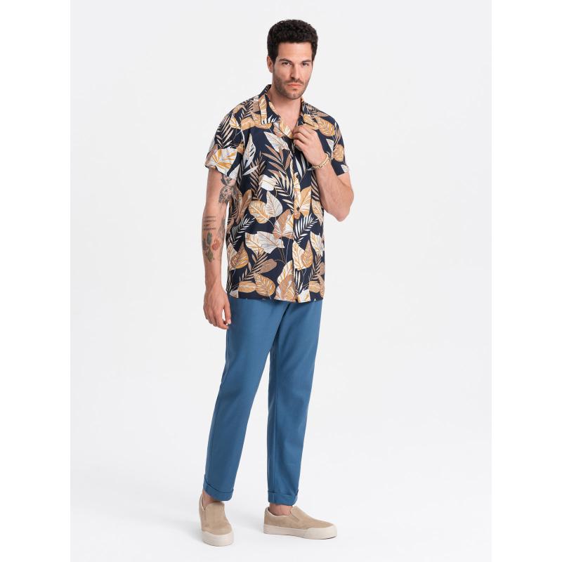 Pánske chino nohavice zo zmesi ľanu V5 OM-PACP-0198 modrá džínsovina