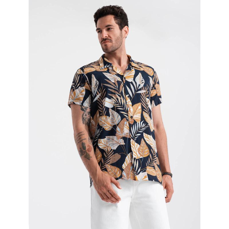 Pánske viskózové vzorované tričko s krátkym rukávom OM-SHPS-0113 listy