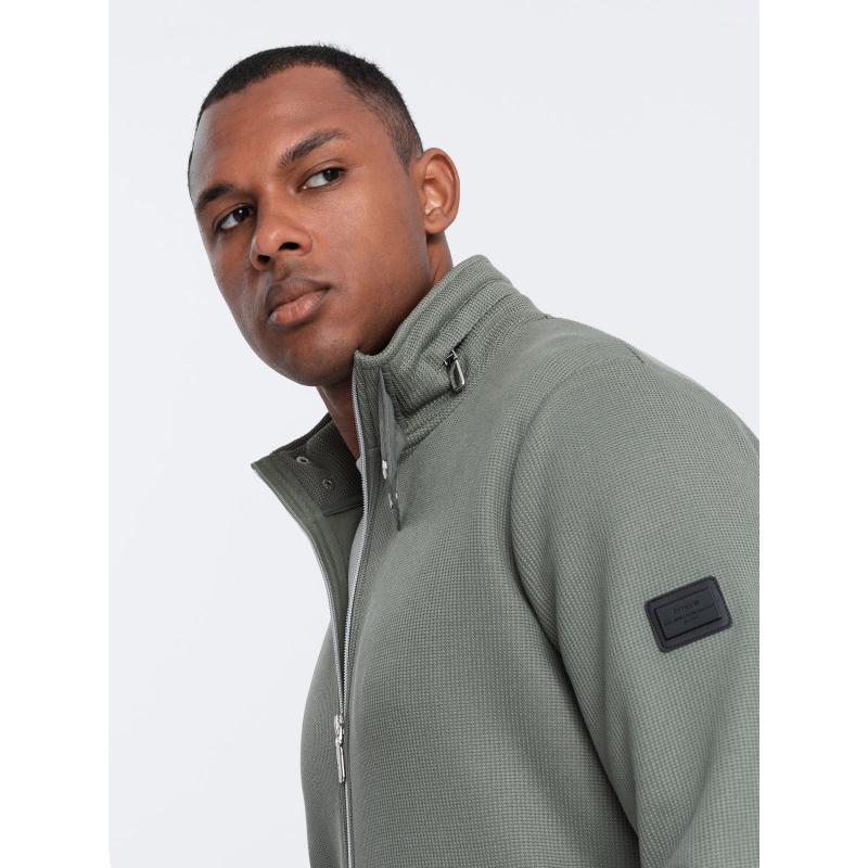 Férfi magas galléros, fleece bélésű kabát khaki színben