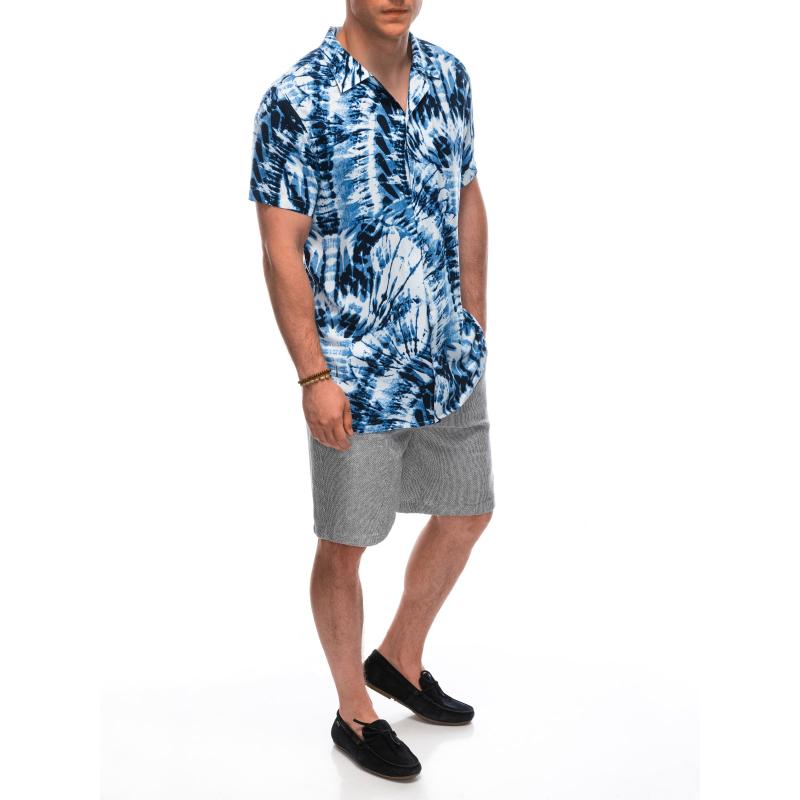 Férfi viszkóz mintás rövid ujjú ing OM-SHPS-0113 fehér/tengerészkék