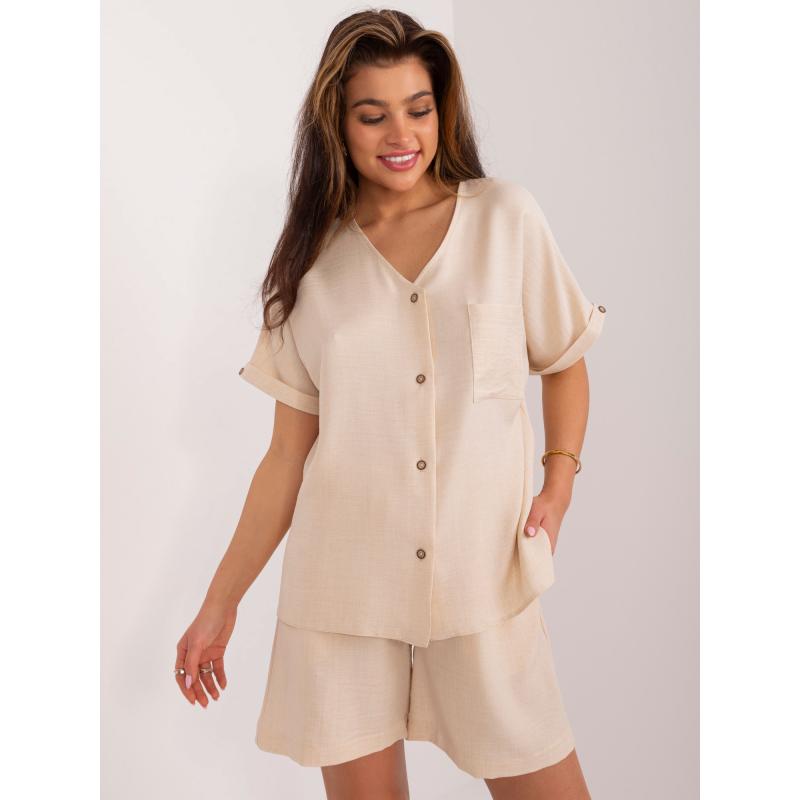 Női nyári szett nyitott blúzzal világos bézs