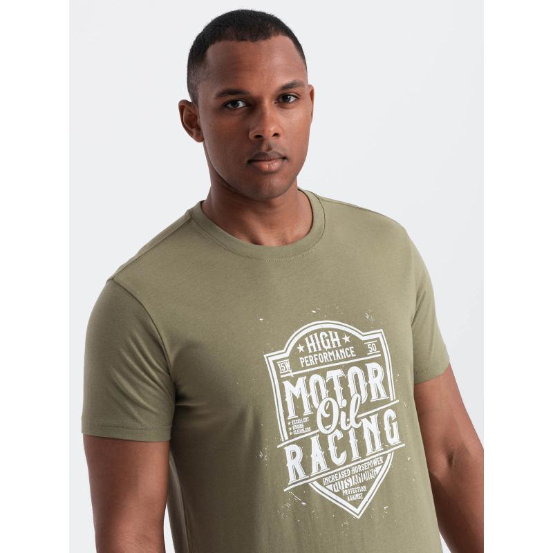 Pánské tričko s potiskem v motocyklovém stylu olivové 