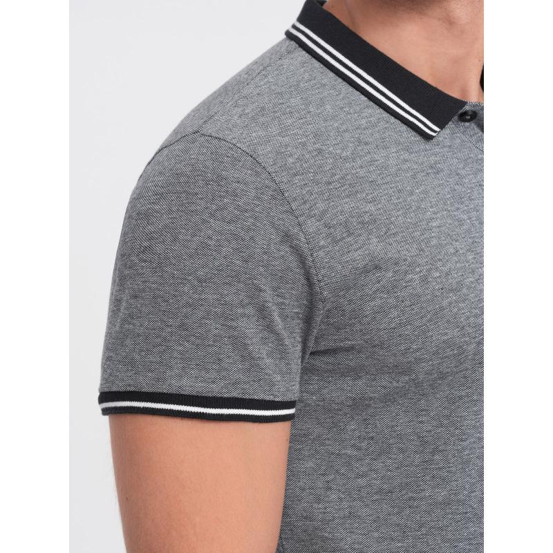 Pánská melanžová polokošile s pruhovaným límečkem černá melanžová