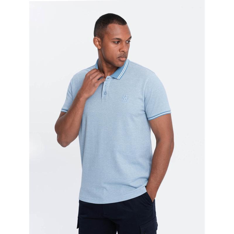 Pánská melanžová polokošile s pruhovaným límečkem modrá melanž 