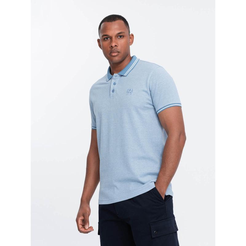 Pánská melanžová polokošile s pruhovaným límečkem modrá melanž 