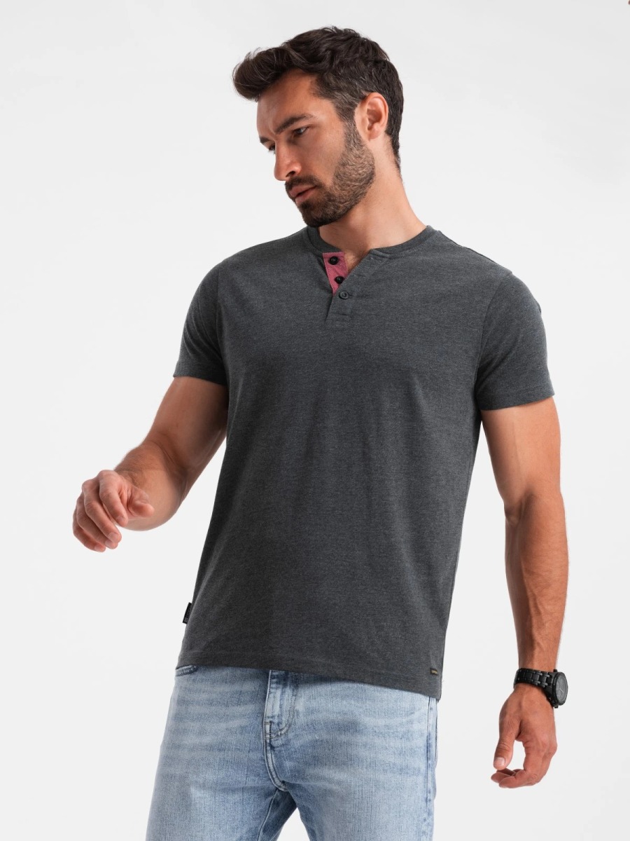 Pánské tričko s rozepnutým kulatým výstřihem henley černé