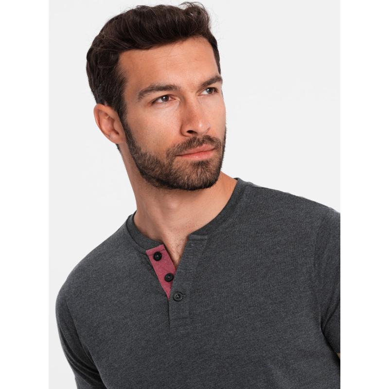 Férfi nyitott nyakú henley kerek nyakú póló fekete