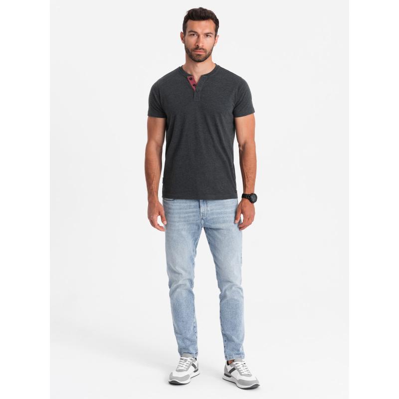 Férfi nyitott nyakú henley kerek nyakú póló fekete