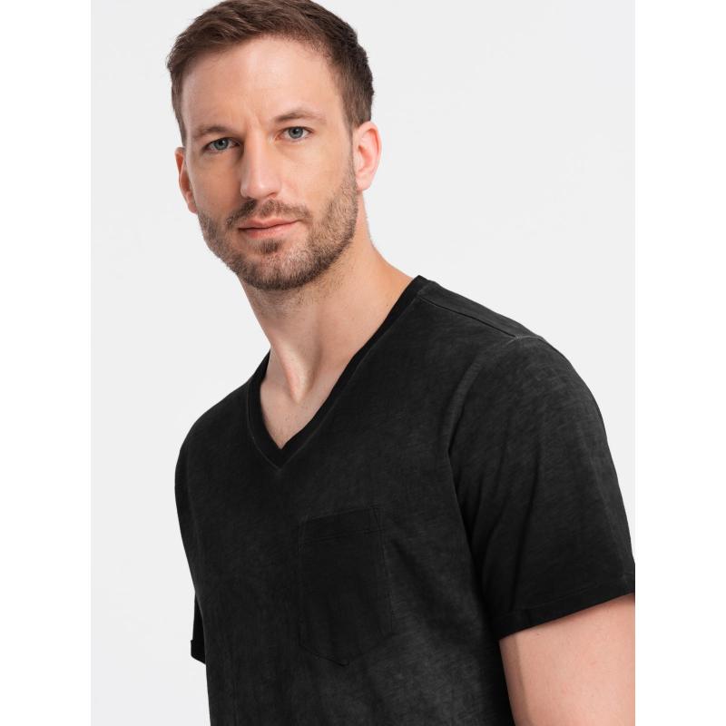 Pánské žíhané tričko s kapsou a výstřihem do V černé 