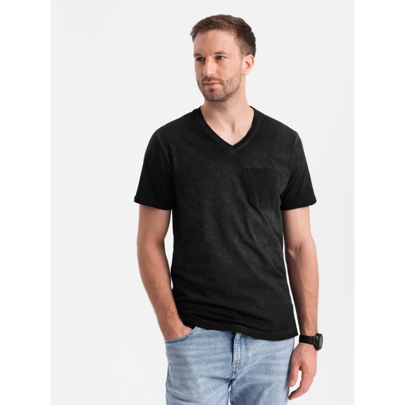Pánské žíhané tričko s kapsou a výstřihem do V černé 