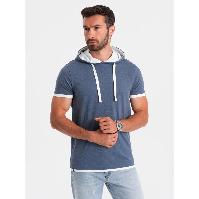 Pánské ležérní bavlněné tričko s kapucí tmavě modré melanžové 