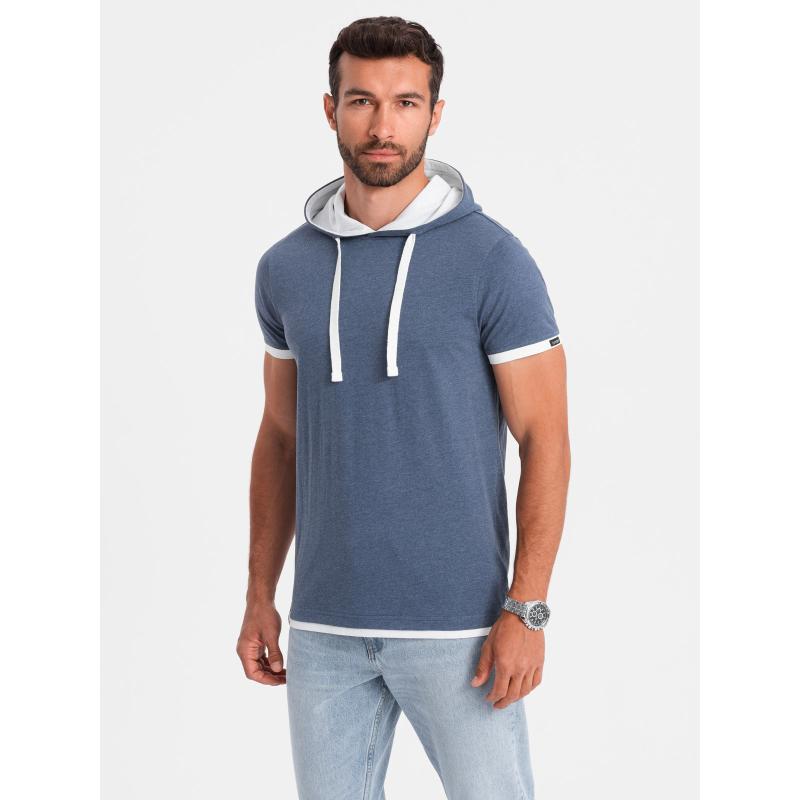 Pánské ležérní bavlněné tričko s kapucí tmavě modré melanžové 