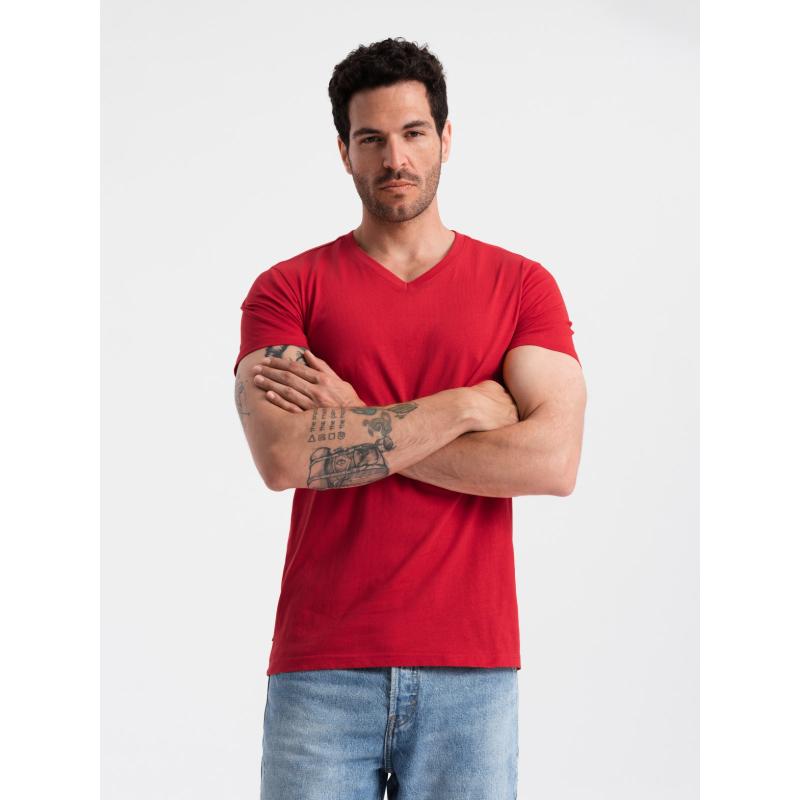 Pánske klasické bavlnené tričko s výstrihom do V BASIC červené