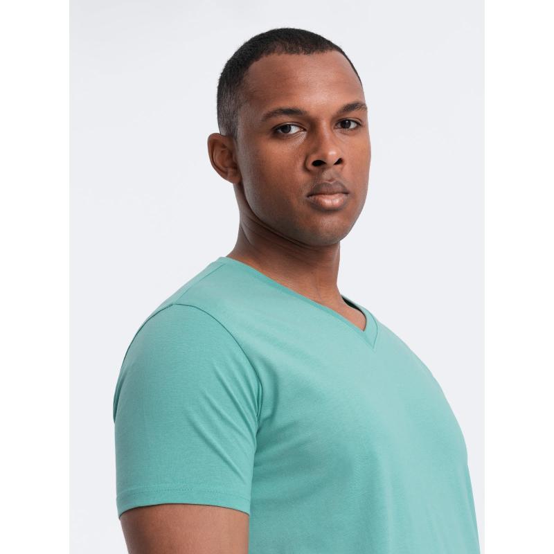 Pánské klasické bavlněné tričko BASIC s výstřihem do V tyrkysové 