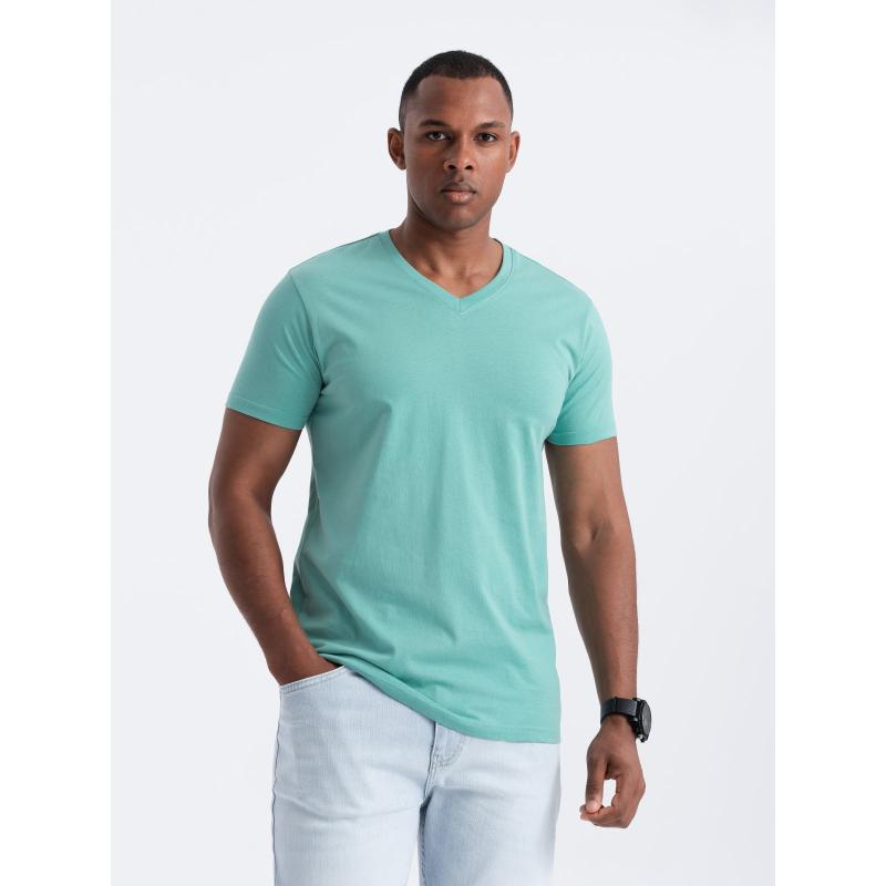 Pánské klasické bavlněné tričko BASIC s výstřihem do V tyrkysové 