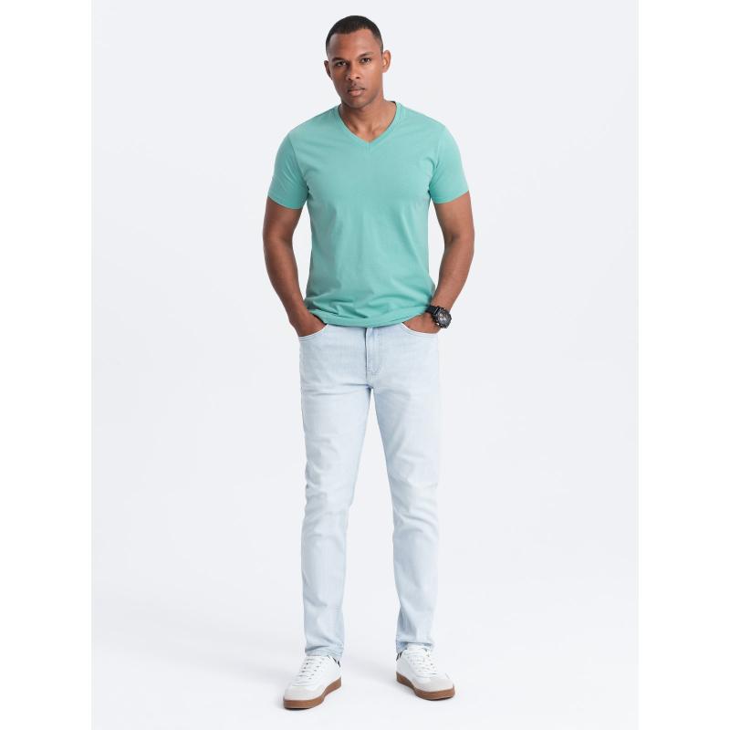 Pánské klasické bavlněné tričko BASIC s výstřihem do V tyrkysové 