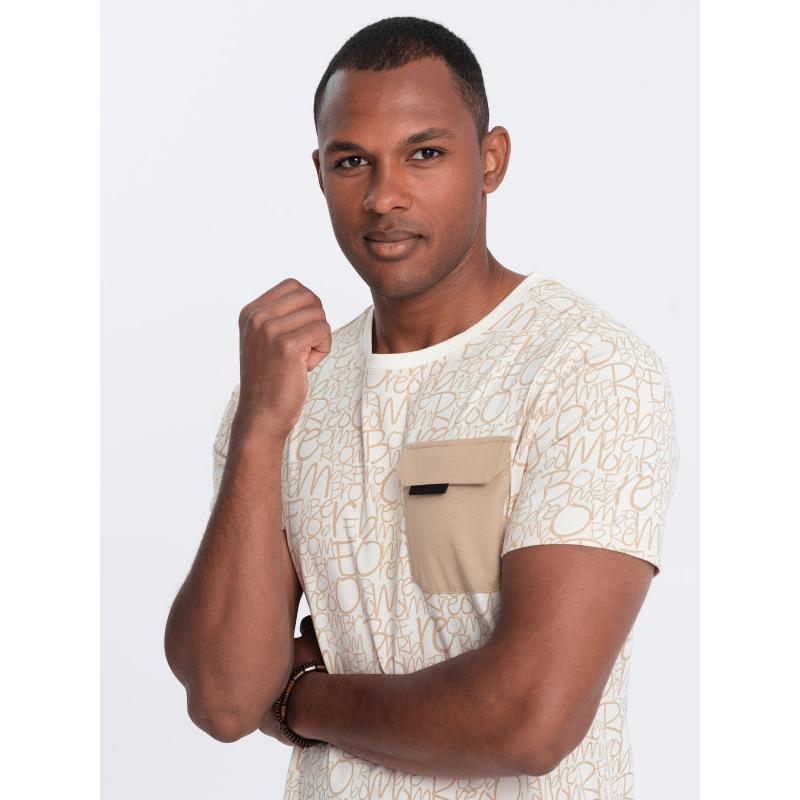 Pánske bavlnené tričko s písmenami a vreckom krémové a hnedé