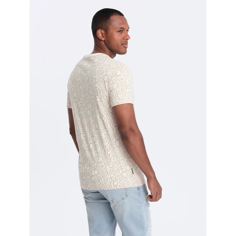 Férfi pamut póló betűkkel és zsebbel krém és barna színben