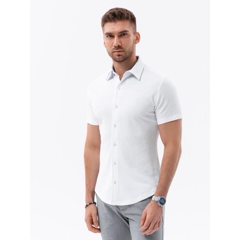 Pánské pletené tričko slim fit střihu s krátkým rukávem a límečkem bílé