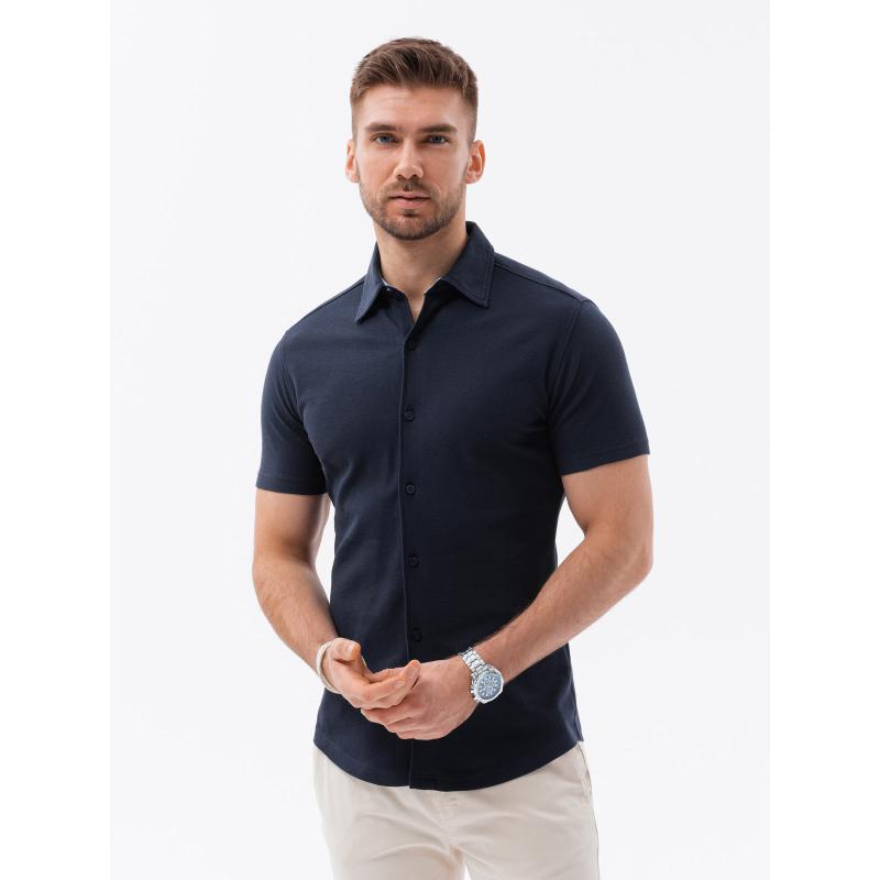 Pánske pletené tričko slim fit s krátkym rukávom a golierom tmavomodré