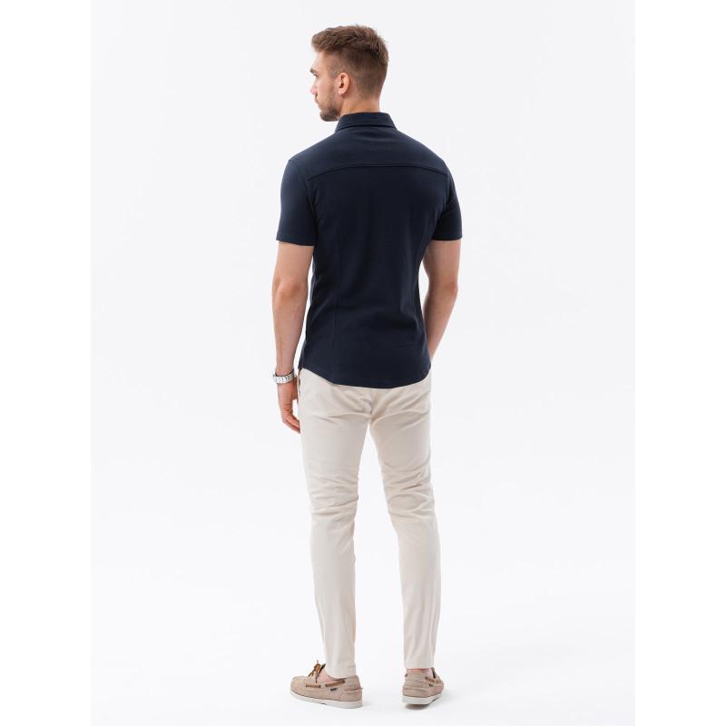 Pánske pletené tričko slim fit s krátkym rukávom a golierom tmavomodré