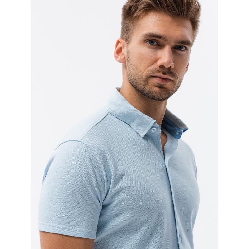 Pánske pletené tričko slim fit s krátkymi rukávmi a golierom modré