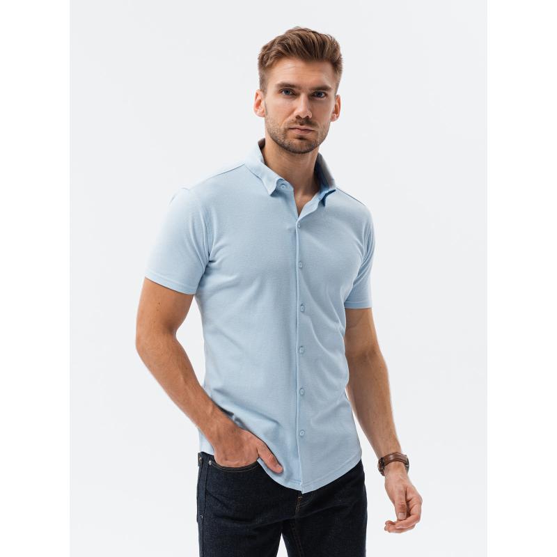 Pánske pletené tričko slim fit s krátkymi rukávmi a golierom modré