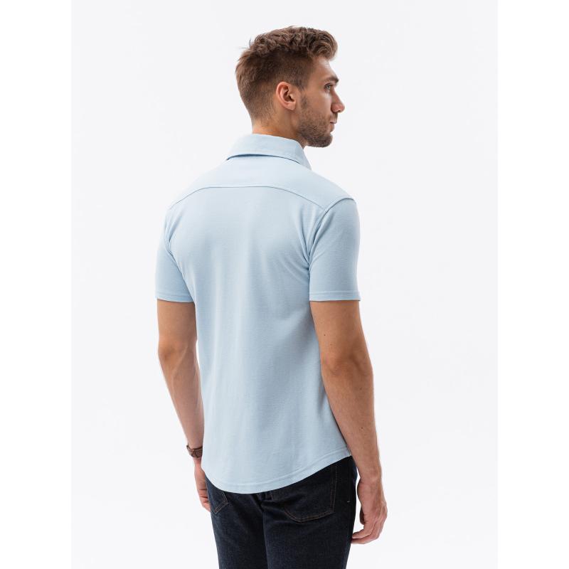 Pánske pletené tričko slim fit s krátkymi rukávmi a golierom modré