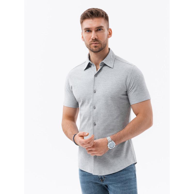 Férfi karcsúsított kötött ing rövid ujjal és gallérral, szürke