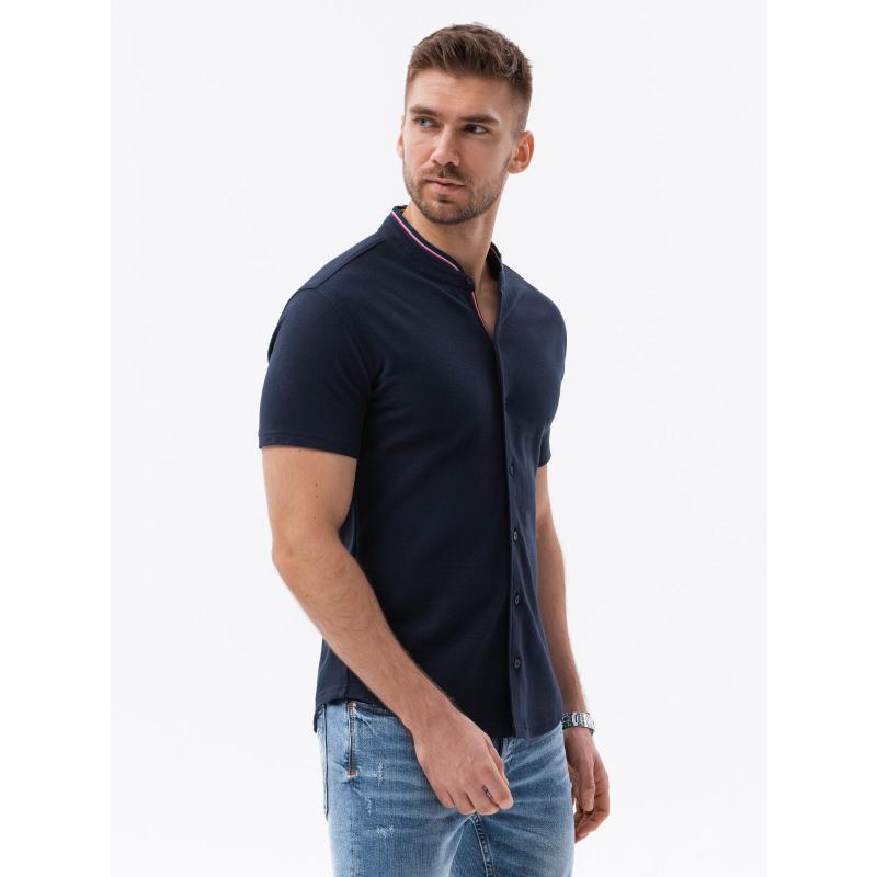 Pánska pletená košeľa s krátkym rukávom a golierom tmavomodrá