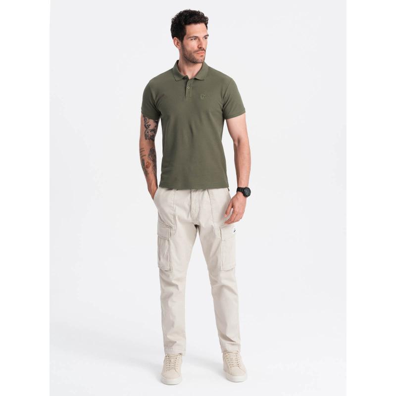 Pánská jednobarevná polokošile BASIC pique knit tmavě olivově zelená