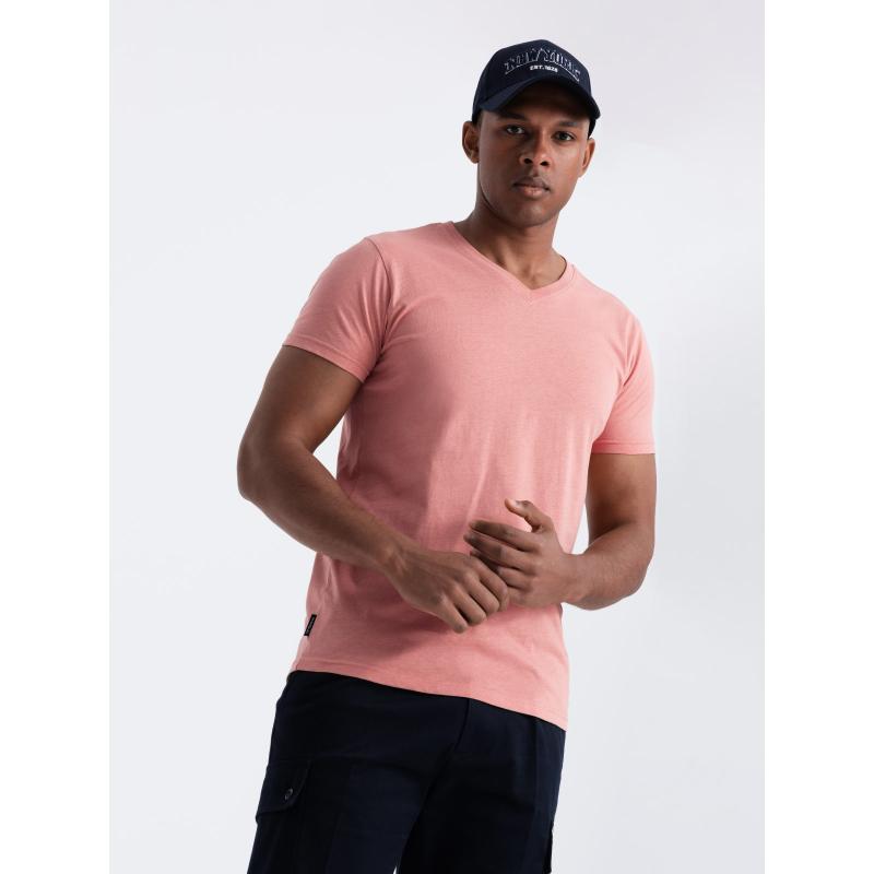 Pánské klasické bavlněné tričko BASIC s výstřihem do V růžové V7 OM-TSBS-0145