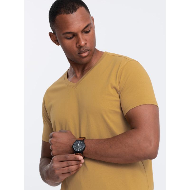 Pánské bavlněné klasické tričko s výstřihem do V BASIC hořčicové 