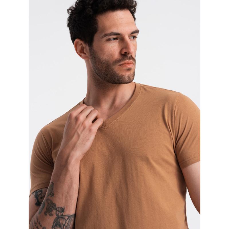 Férfi klasszikus pamut V-nyakú póló BASIC barna