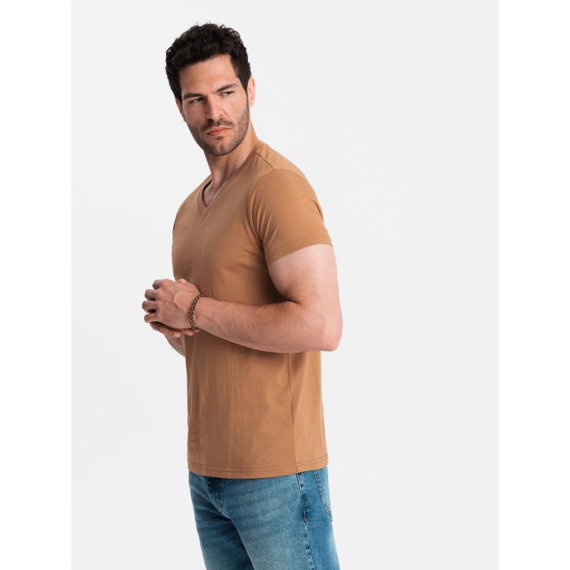 Férfi klasszikus pamut V-nyakú póló BASIC barna