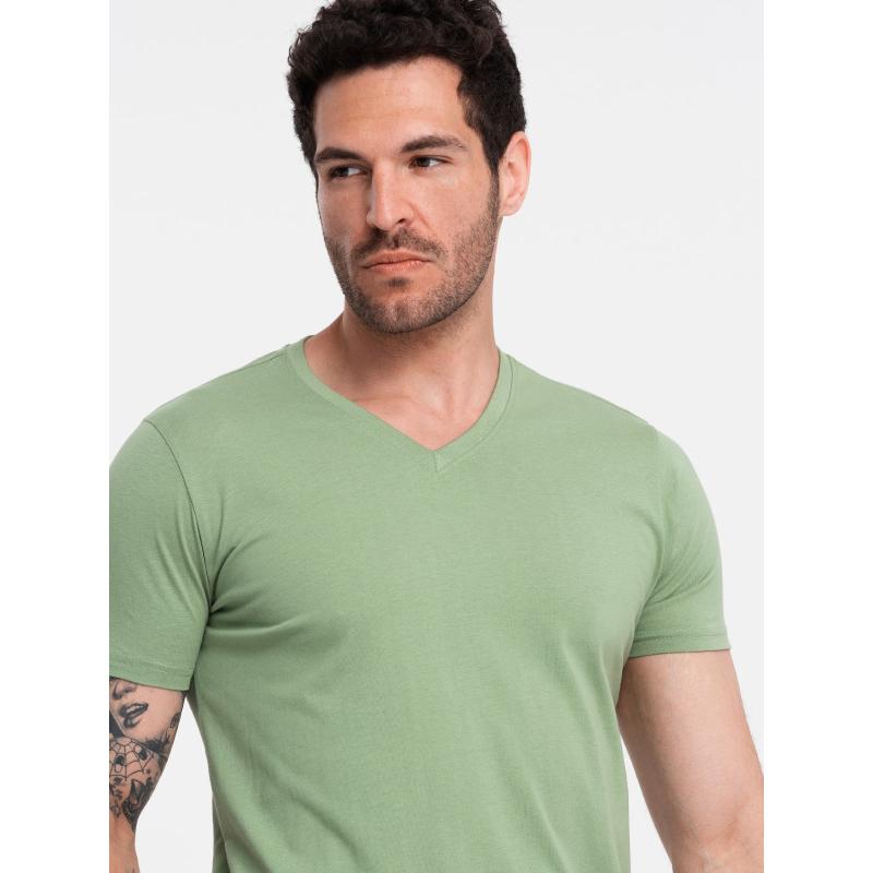 Férfi pamut klasszikus V-nyakú póló BASIC zöld póló