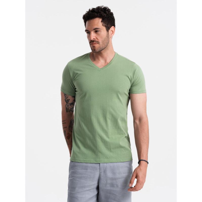 Férfi pamut klasszikus V-nyakú póló BASIC zöld póló