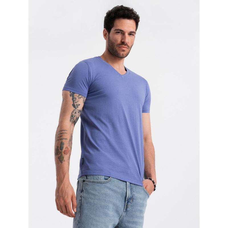 Pánské bavlněné klasické tričko s výstřihem do V BASIC fialové