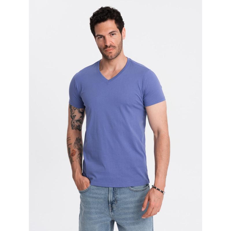 Pánské bavlněné klasické tričko s výstřihem do V BASIC fialové