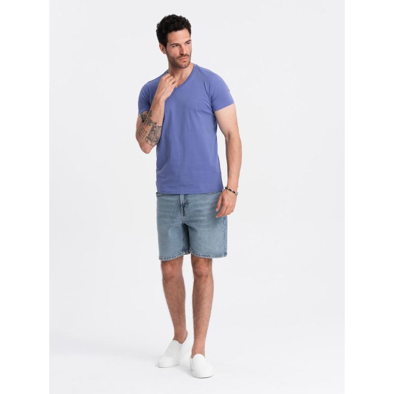 Pánské bavlněné klasické tričko s výstřihem do V BASIC fialové