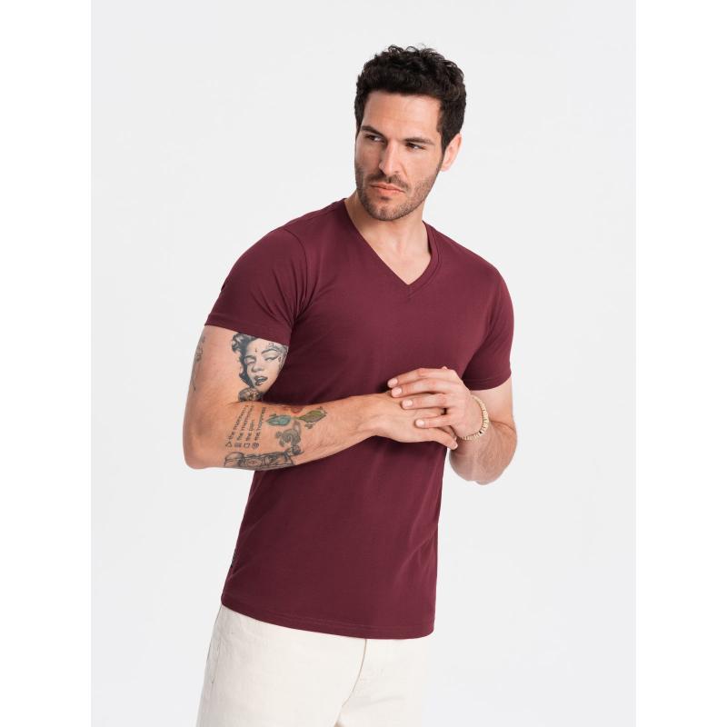Férfi pamut klasszikus V-nyakú póló BASIC bordó férfi póló