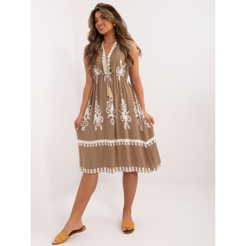 Női ujjatlan, mintás ruha Sötét bézs színű