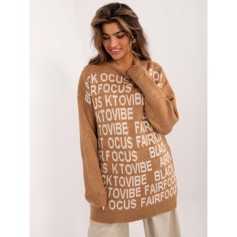 Dámský svetr s nápisy dlouhý hnědý 
