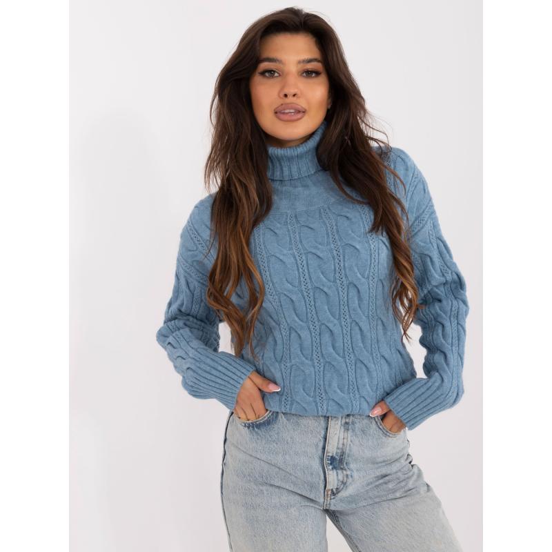 Dámský svetr s rolákem a kostkami modrý 
